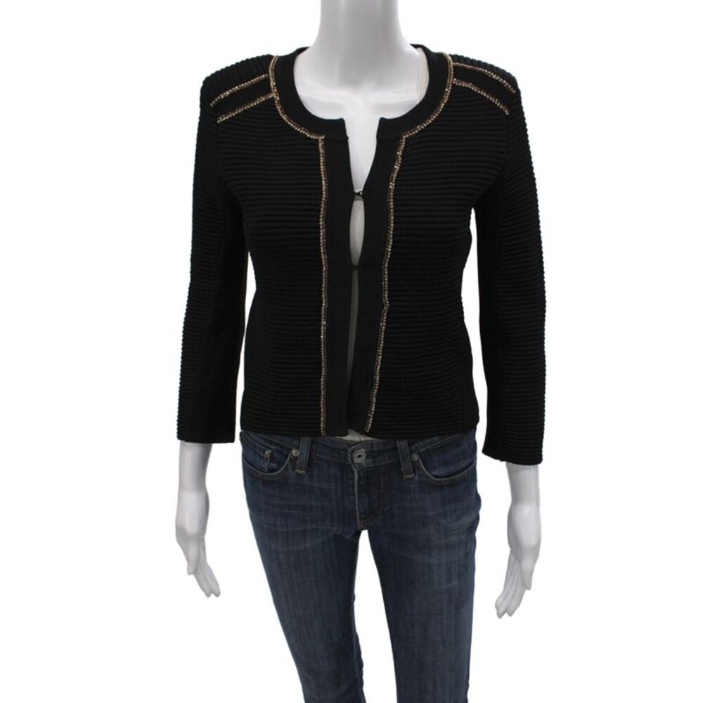 Maje Womens Basic Jacket Black V Neck 3/4 Sleeve Hook & Eye Size 1